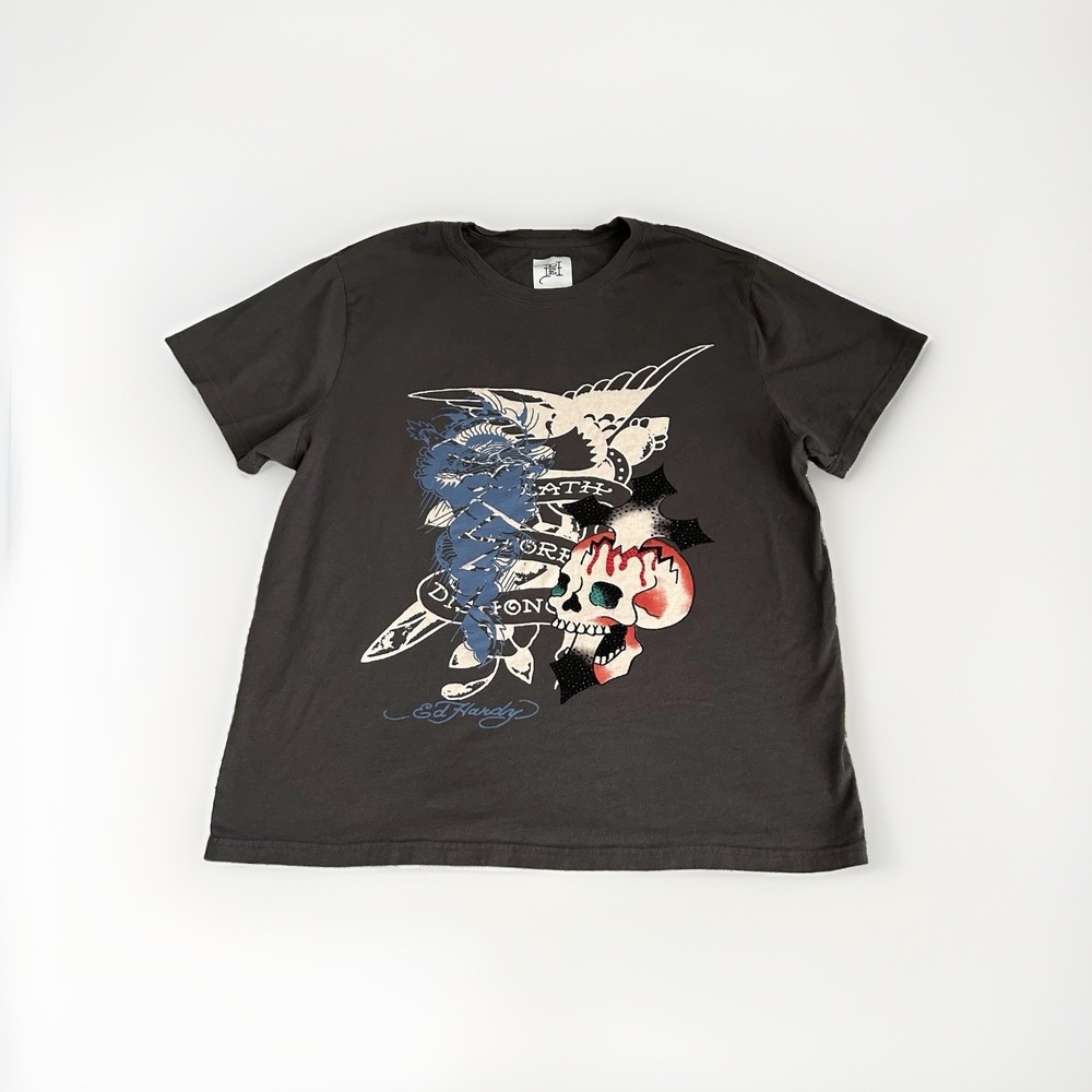 Ed Hardy Tshirt Mens L Rhinestone Death Before Dishonor Graphic Skull EHBAO1100